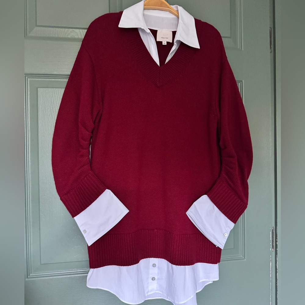 CINQ A SEPT 5 A 7 BURGUNDY WINE WOOL PULLOVER SWEATER WHITE BUTTON DOWN SHIRT
